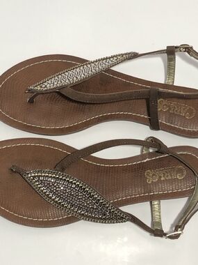 Carlos Santana Brown Embellished T-Strap Sandals